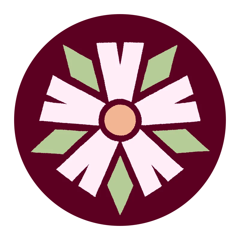 Dr Night Phlox circular mark, a stylised phlox flower in cream and green on deep maroon