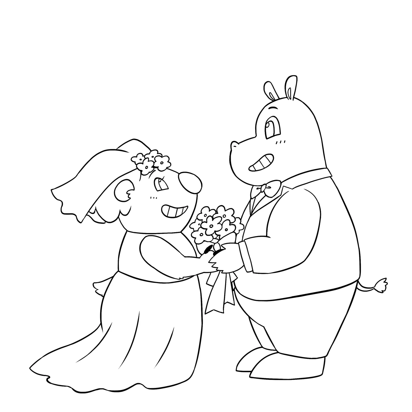 Line art of Hope and Harry as bride and groom, she in a veil and gown holding a bouquet, he in a suit and bow tie