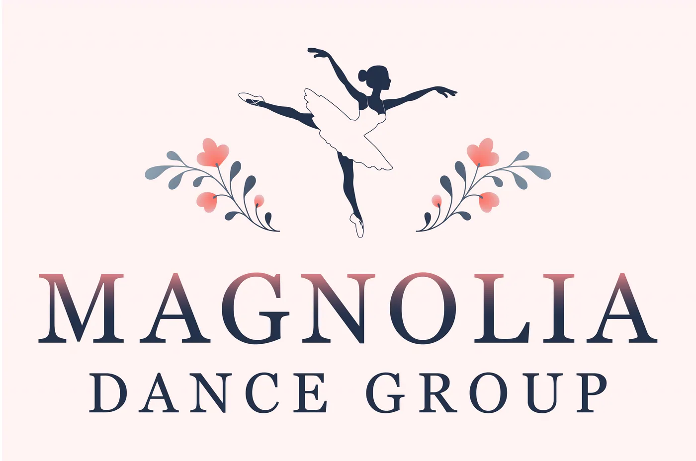 Magnolia Dance Group logo on blush pink: a ballerina in arabesque above navy serif lettering, framed by coral and slate floral sprays