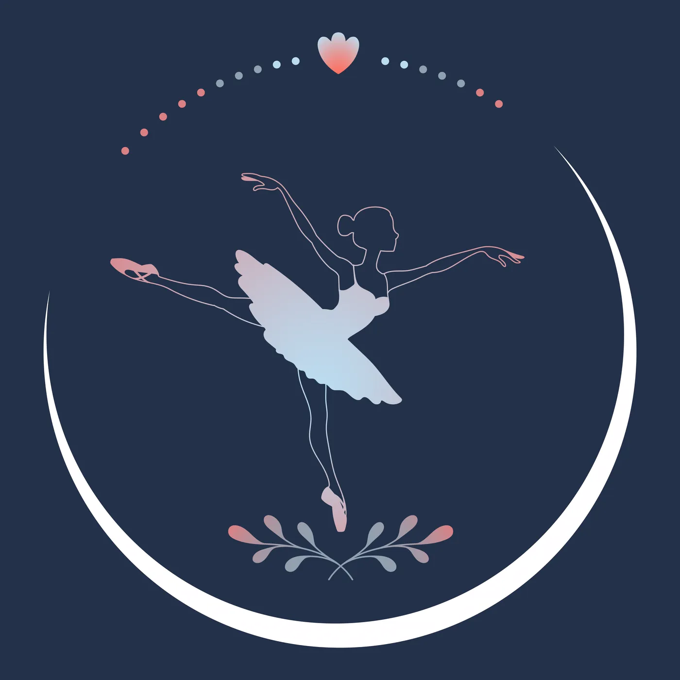 Moon Dancer circular mark: a ballerina drawn in fine line work en pointe inside a white crescent moon on navy, with a dotted arc and a heart above her