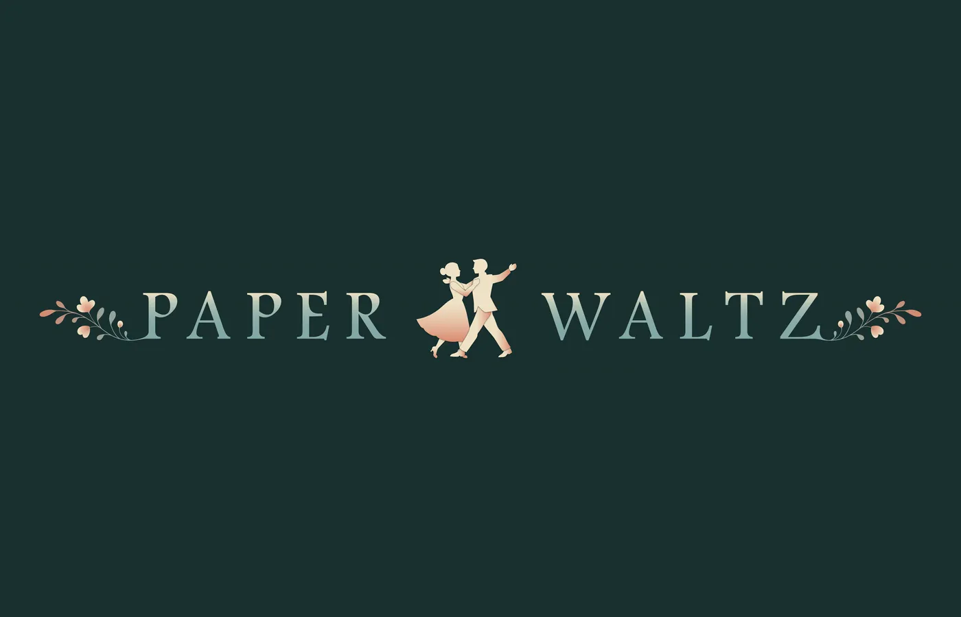 Paper Waltz logotype in pale sage serif capitals on deep forest green, a waltzing couple between the two words and a floral sprig at each end