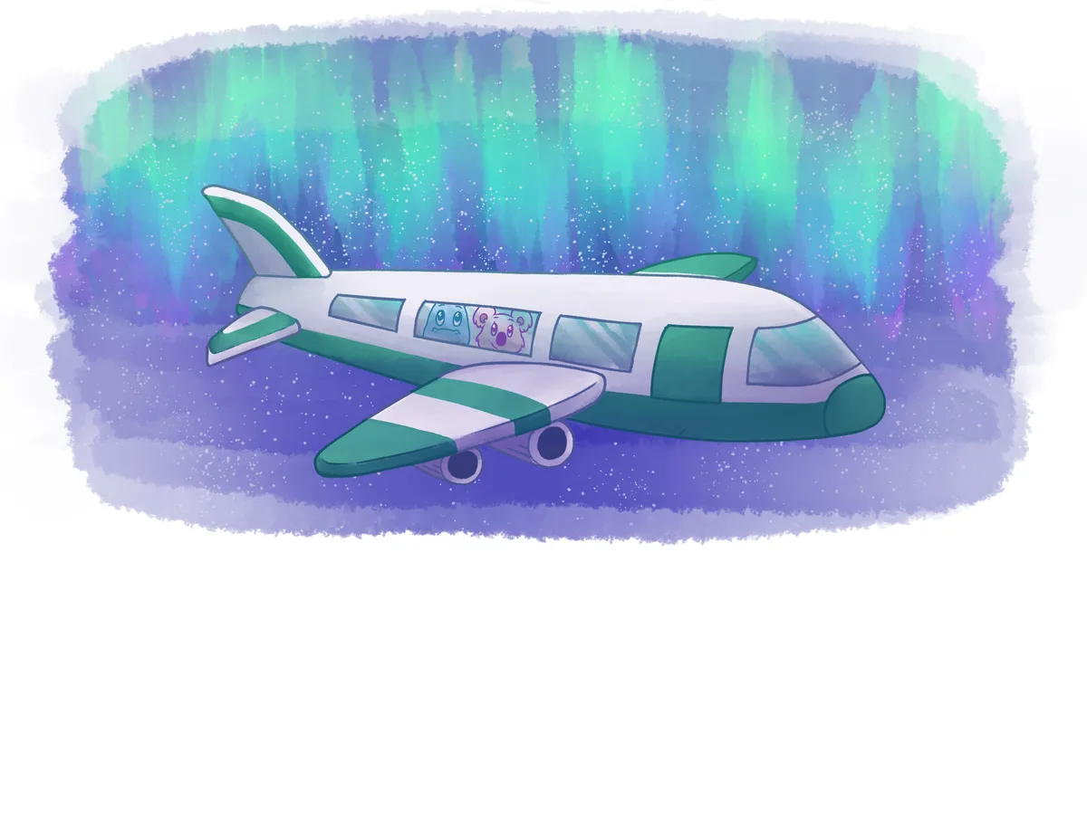 A green and white plane flies beneath a green and purple aurora, the pair visible in its windows.