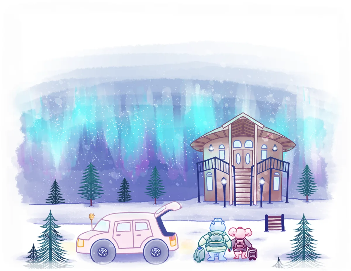 A round wooden vacation house glows under a green aurora, the car and their luggage in the snow outside.