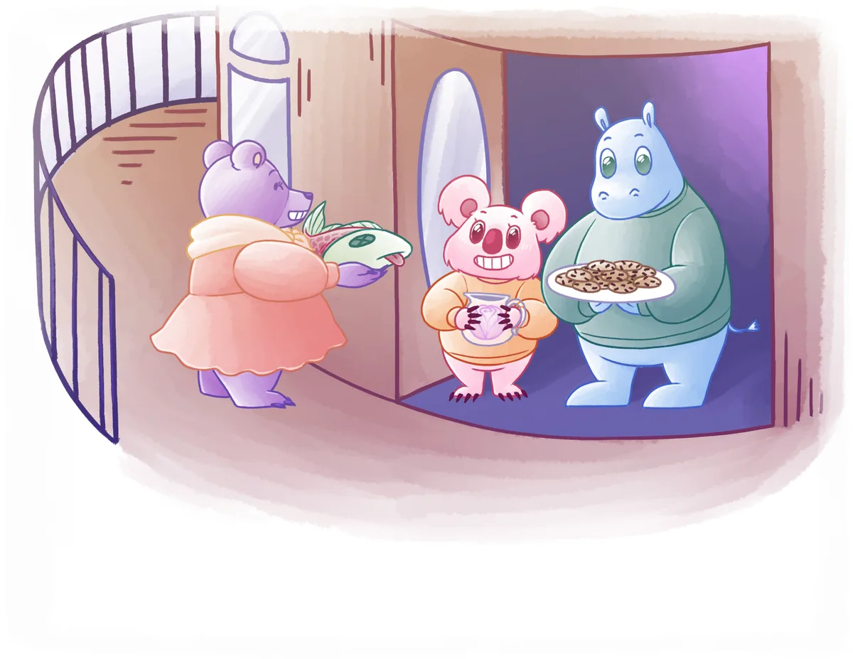 Hana hands over a wrapped salmon in the doorway while Hope holds a mug and Harry carries a plate of cookies.