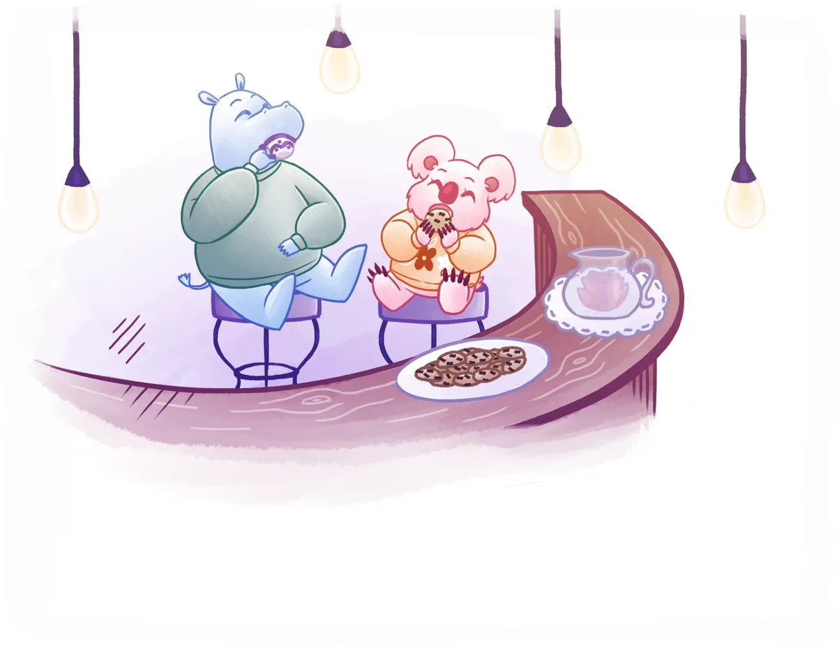 The pair perch on stools at a curved wooden counter under pendant lights, with cookies and a teapot.