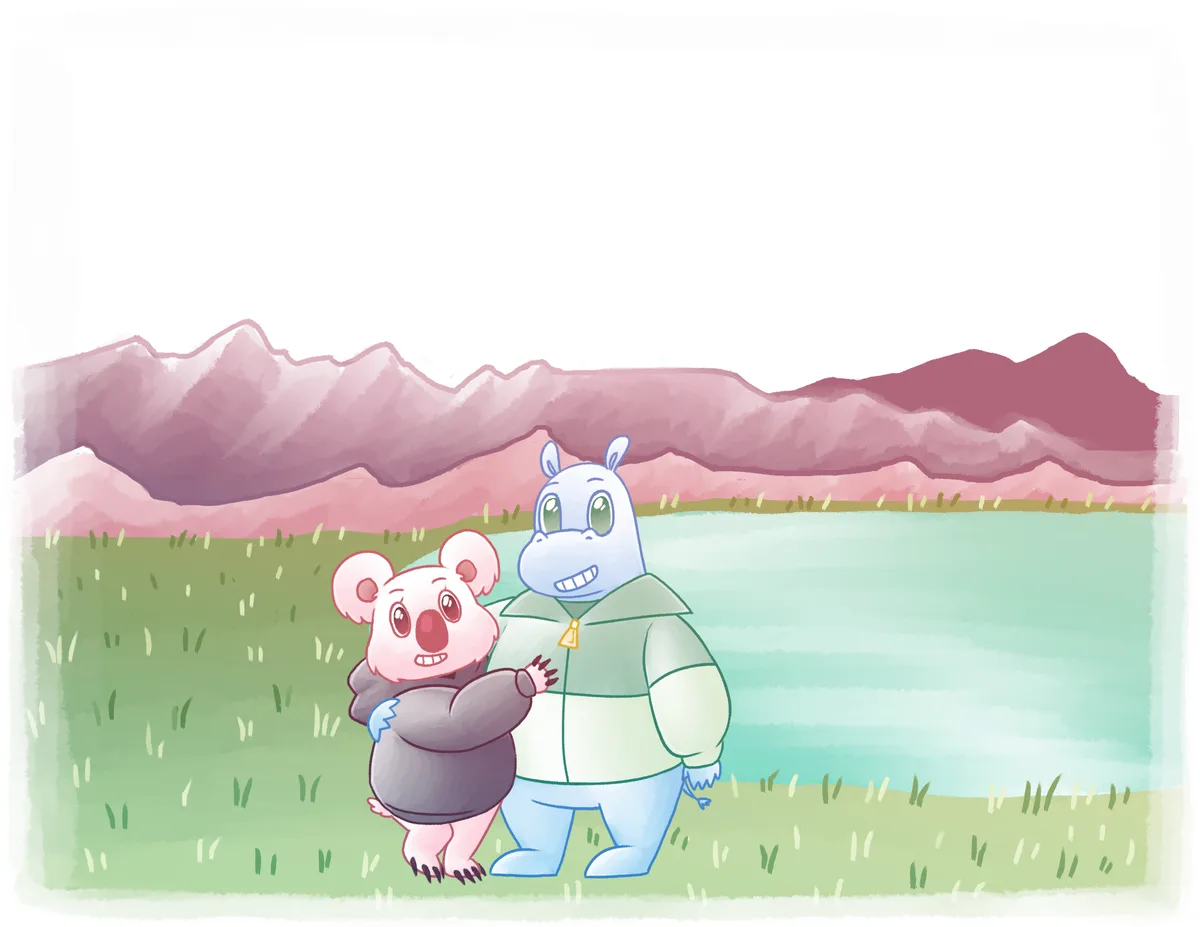 Hope and Harry stand together on the grass beside a flat calm lake with pink mountains behind.
