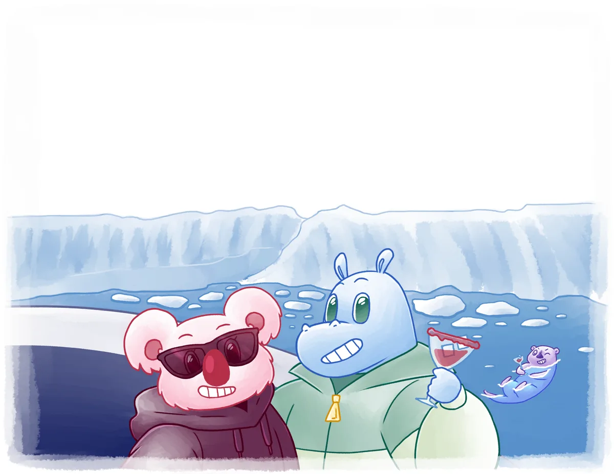 Hope in sunglasses and Harry holding a margarita stand at the glacier's edge while a sea otter floats nearby.