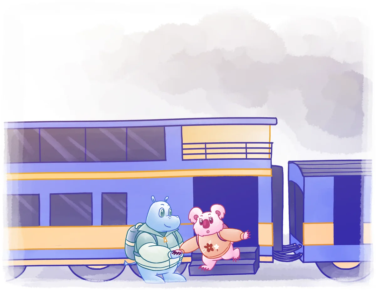 The pair step down from a blue and yellow train at the depot with their bags.