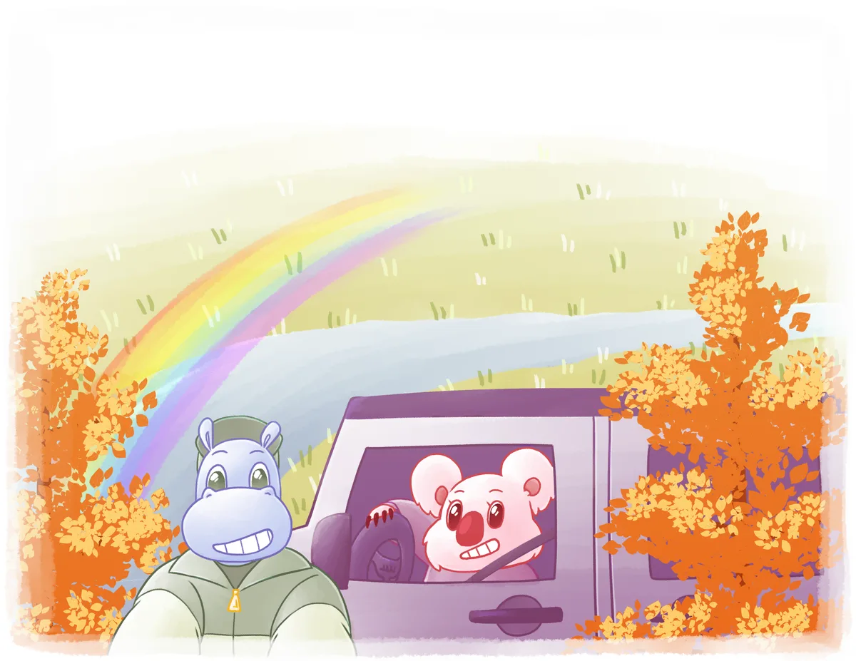 Harry drives a jeep with Hope beside him through blazing orange autumn trees under a rainbow.