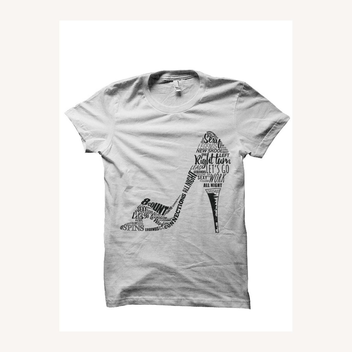 Dance typography heel design printed on a light gray tee