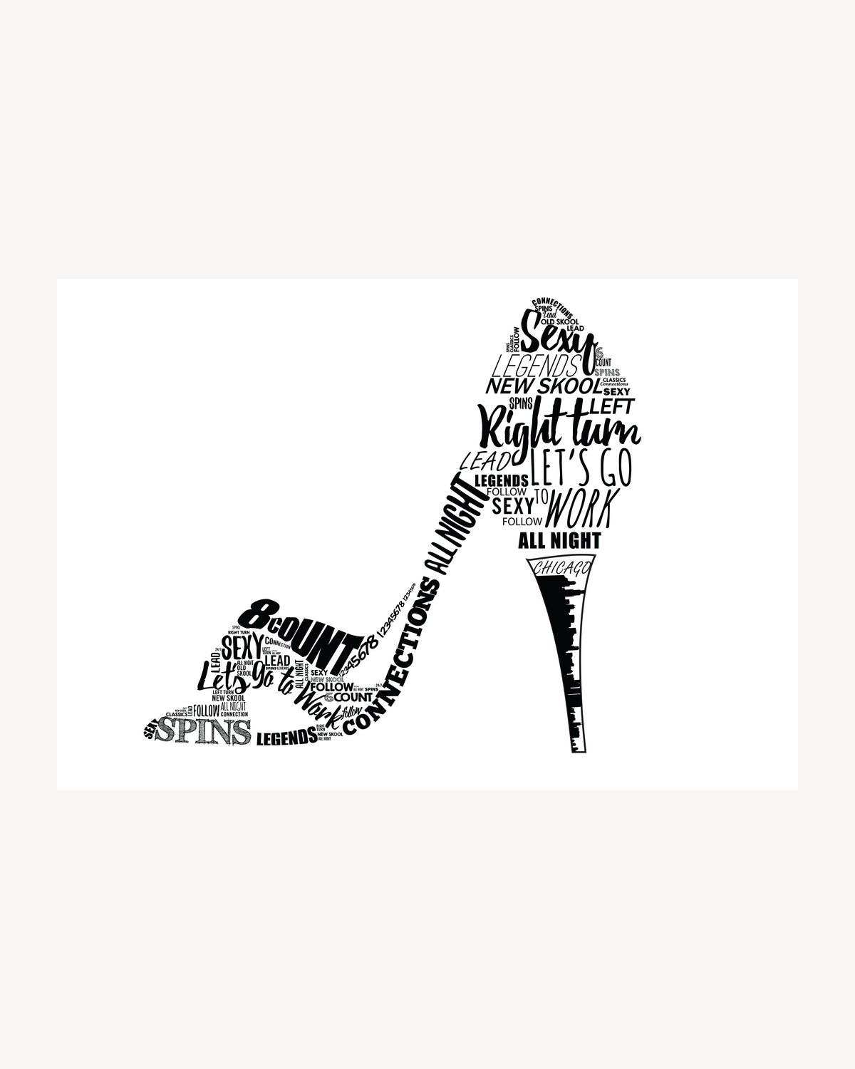 High heel shoe illustration built entirely from dance step typography