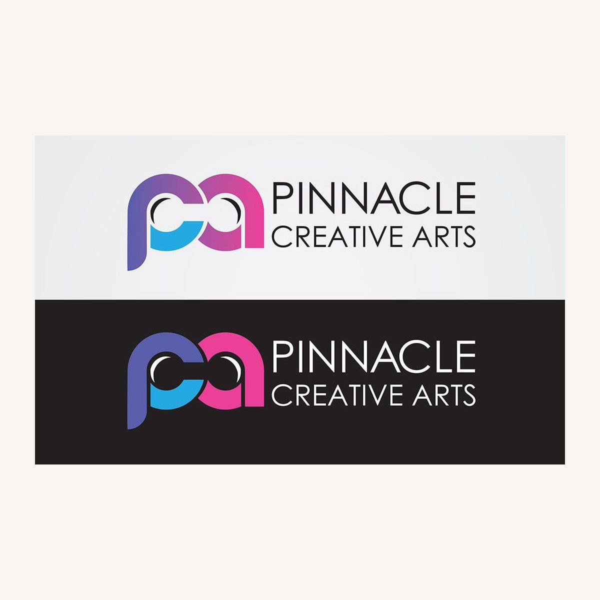 Pinnacle Creative Arts logo shown on light and dark backgrounds