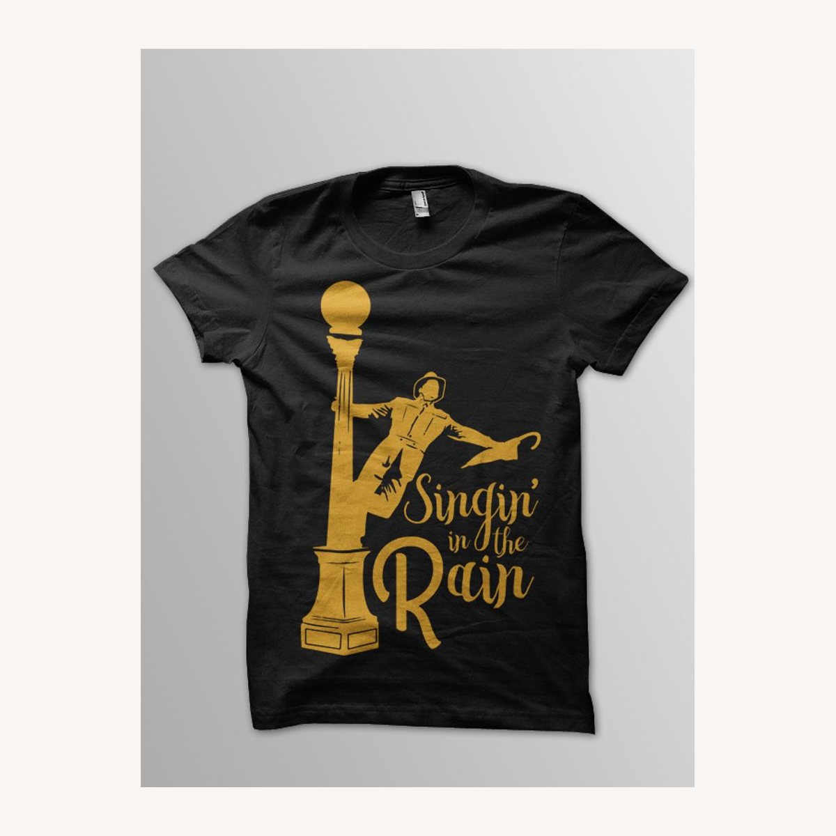 Singin in the Rain shirt design in gray on a black tee