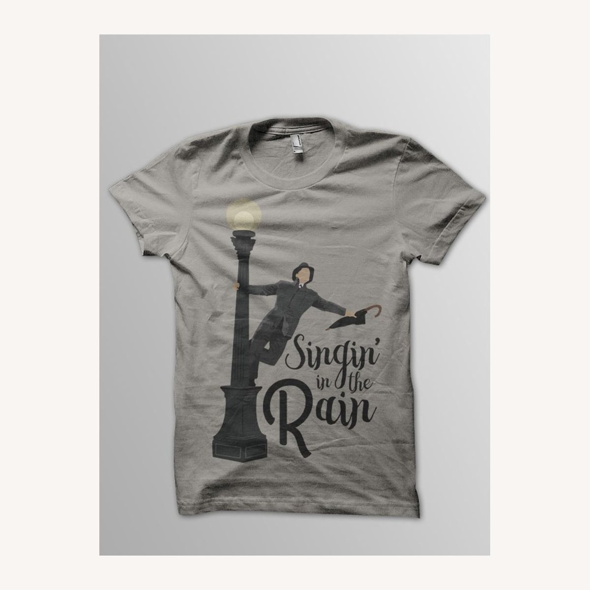 Singin in the Rain shirt design on a heather gray tee