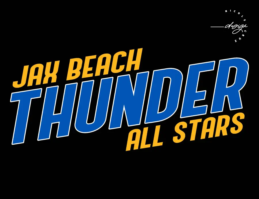 Jax Beach Thunder All Stars wordmark in blue and gold