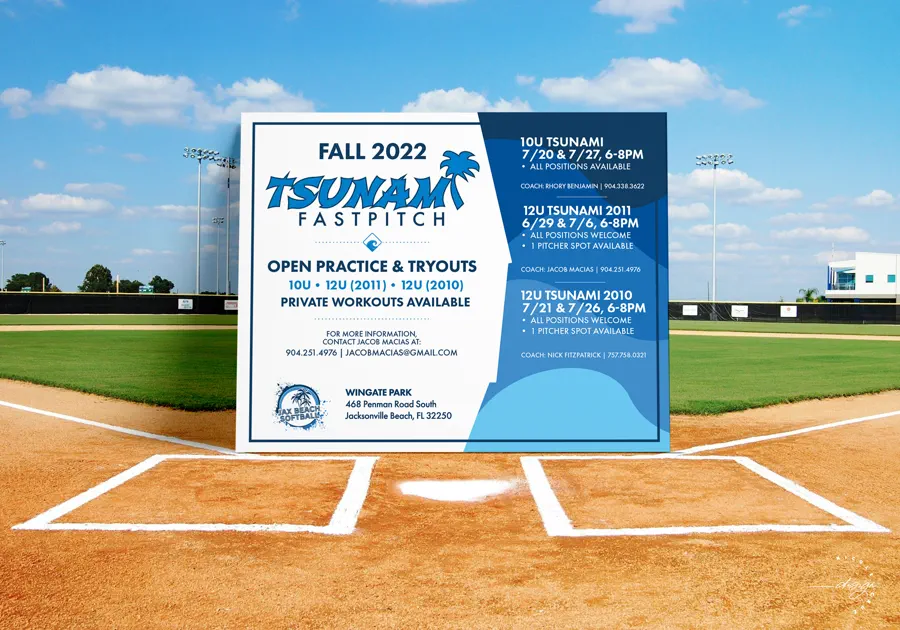 Tryout flyer on a softball field: "Fall 2022, Tsunami Fastpitch, Open Practice & Tryouts, 10U, 12U (2011), 12U (2010), private workouts available". A schedule panel lists 10U on 7/20 and 7/27, 12U 2011 on 6/29 and 7/6, and 12U 2010 on 7/21 and 7/26, all 6 to 8pm, at Wingate Park, Jacksonville Beach