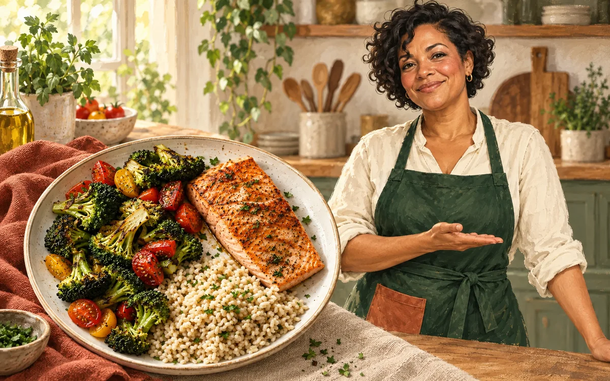 A kitchen guide presents a colorful plate of salmon, grains and vegetables.