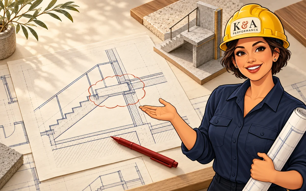 An illustrated construction guide beside marked-up drawings and an architectural detail model.