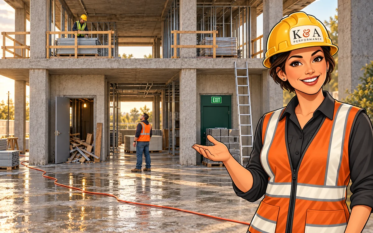 The hardhat course guide introduces a jobsite inspection with an obstructed exit and a cable across the floor.