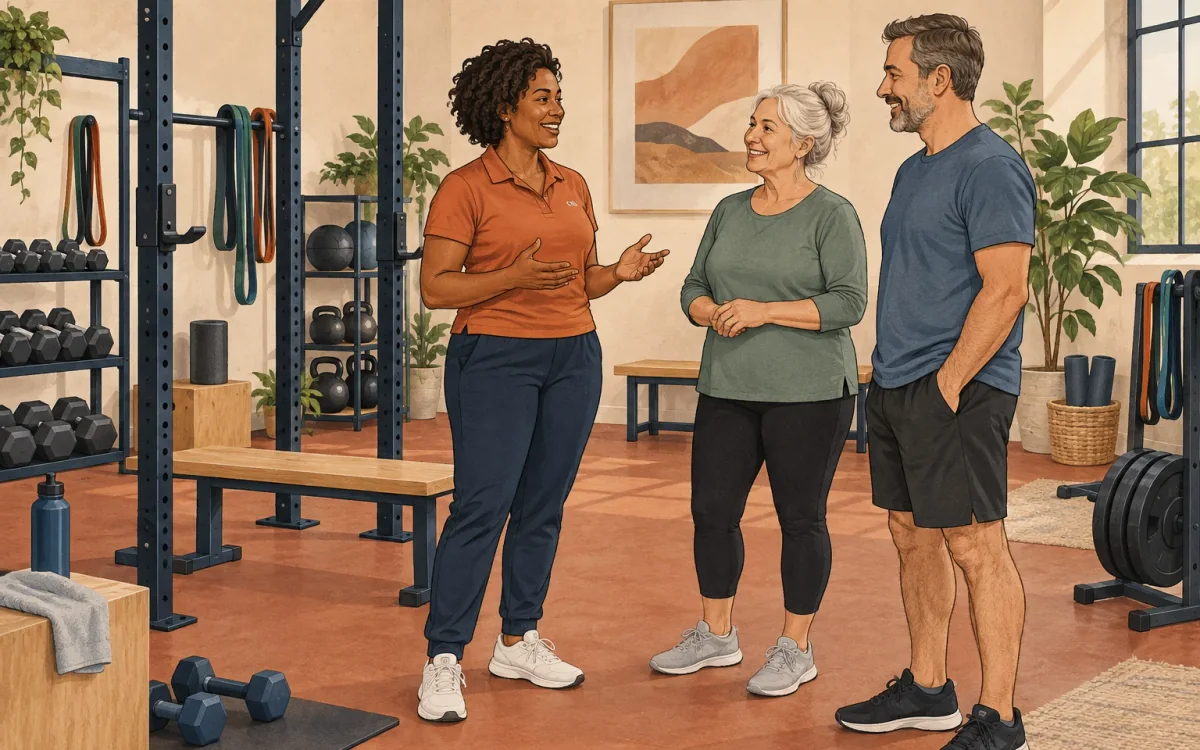 An illustrated coach welcomes two adults to a light-filled strength studio.