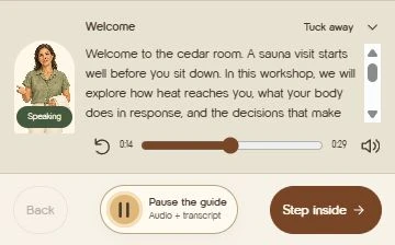 A close-up of the sauna guide beside the transcript and narration controls