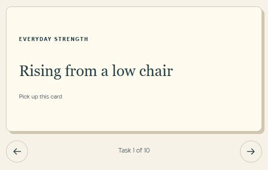 An everyday strength task card: rising from a low chair