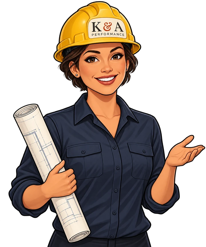 Your illustrated K&A construction guide in a hardhat, holding drawings.
