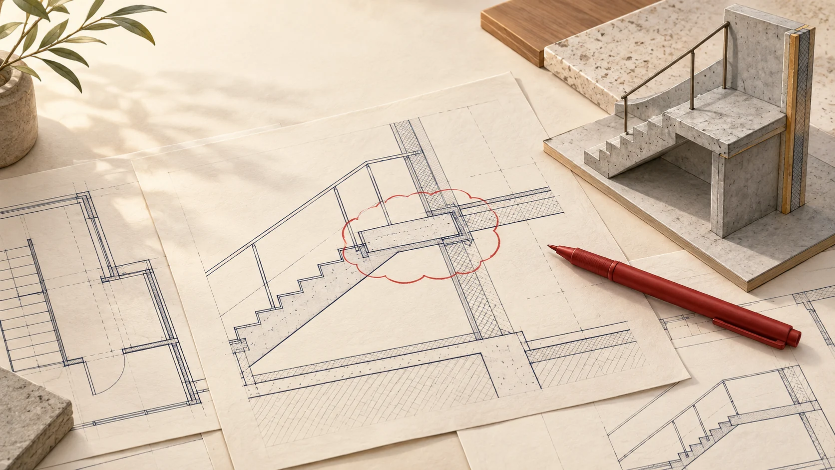 Illustrated review desk with architectural drawings, a red markup pen and a concrete detail model.