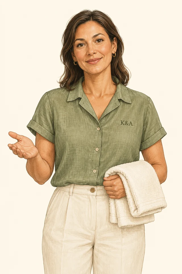 Illustrated wellness guide in a sage shirt