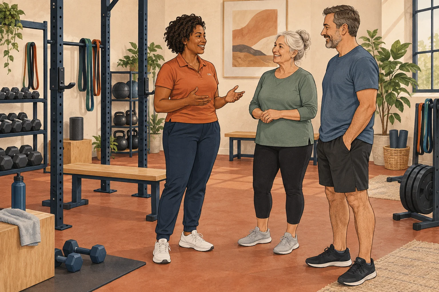 An illustrated coach welcomes two adults to a bright training studio.